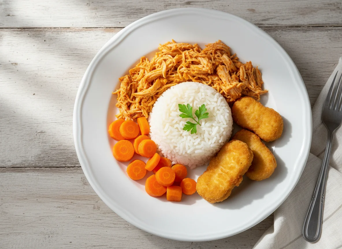 Frango desfiado com arroz, cenoura e nuggets photo