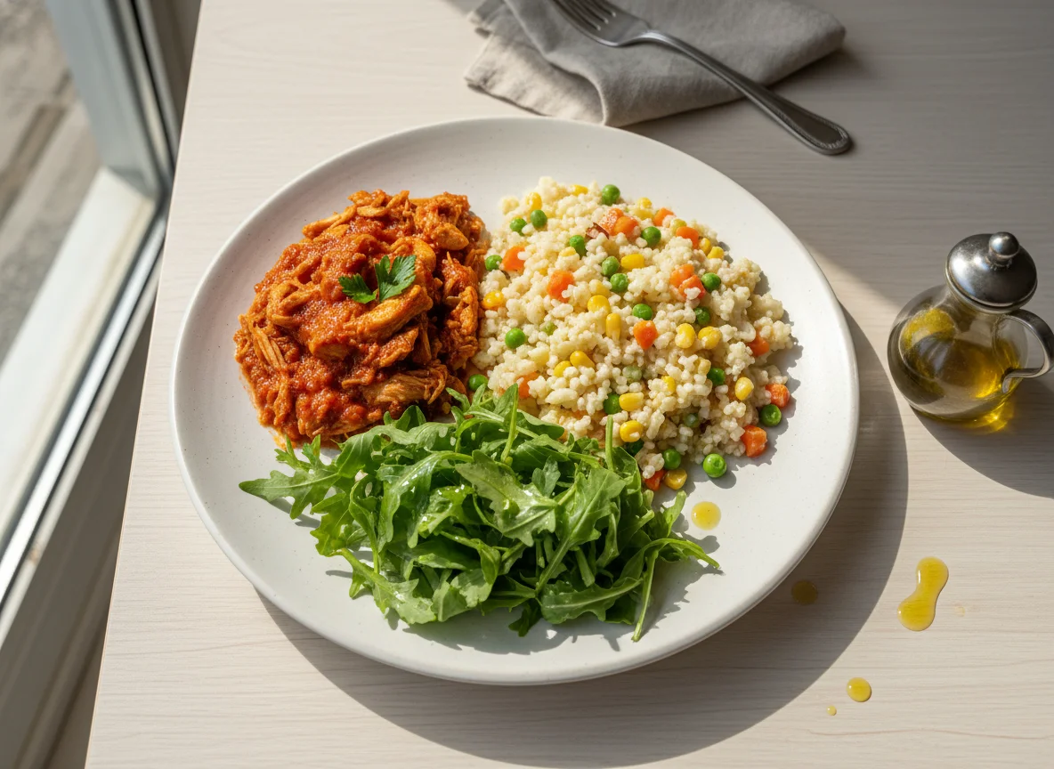 Frango desfiado com arroz de couve-flor e salada de rúcula photo