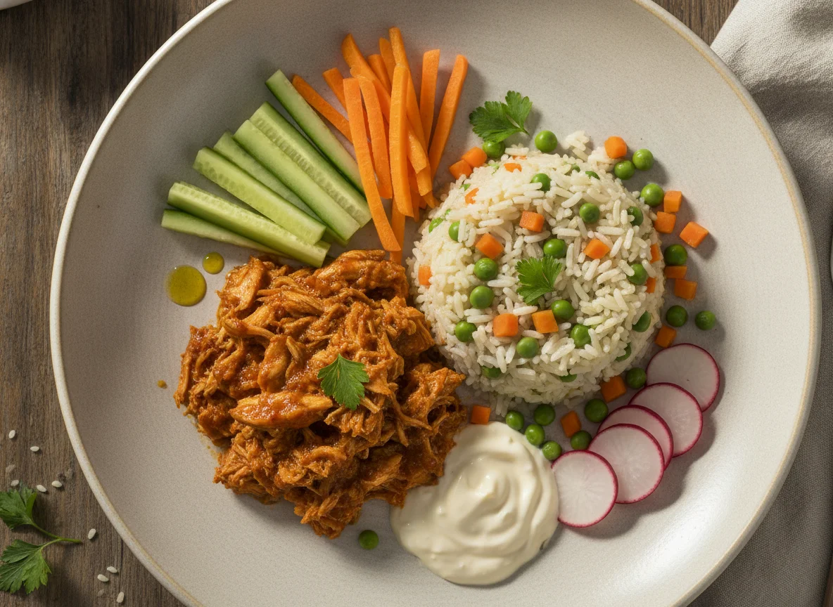 Frango desfiado com arroz de ervilha e vegetais photo