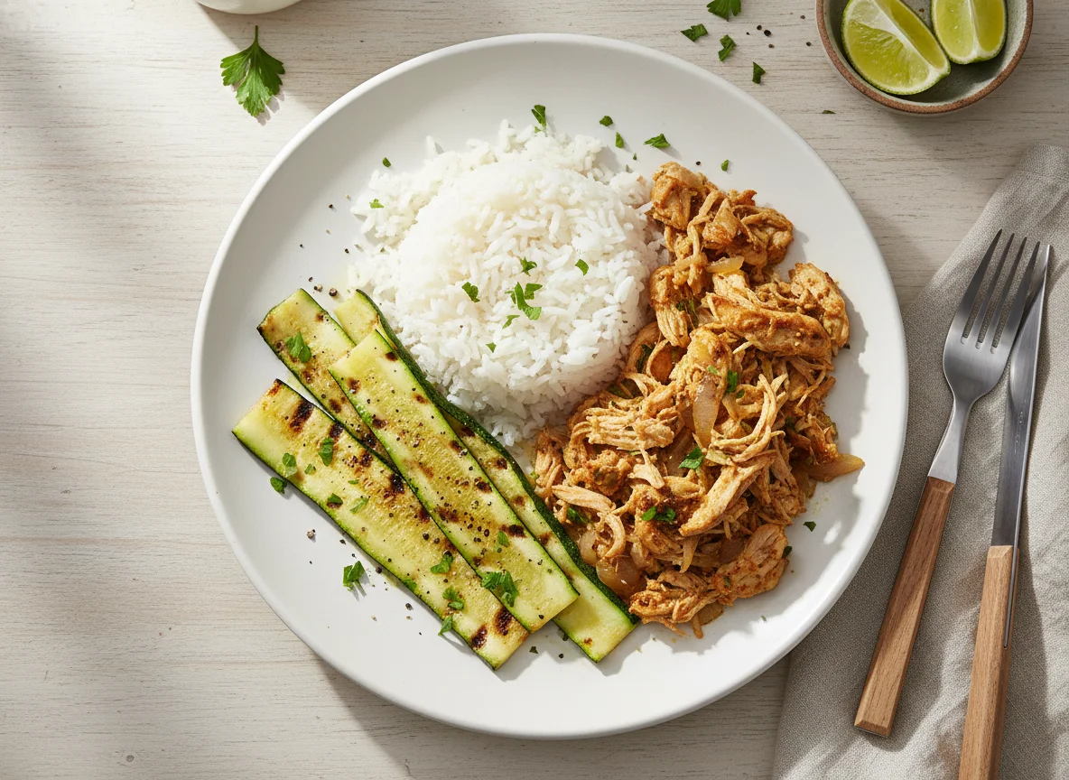 Frango desfiado com arroz e abobrinha photo