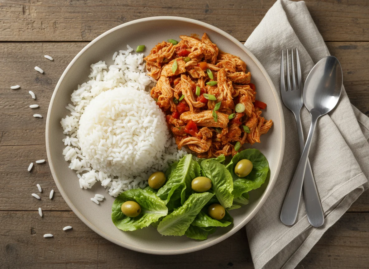 Frango desfiado com arroz e alface photo