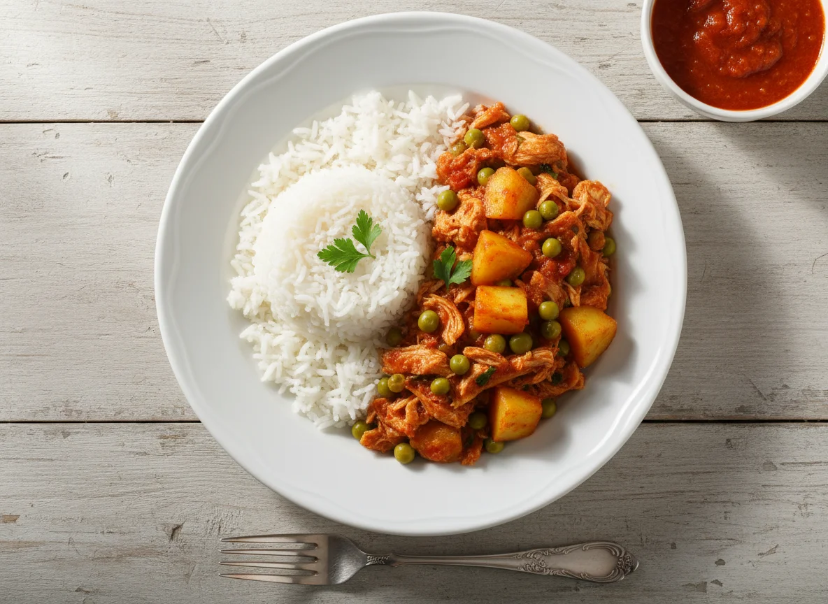 Frango desfiado com arroz e batata photo