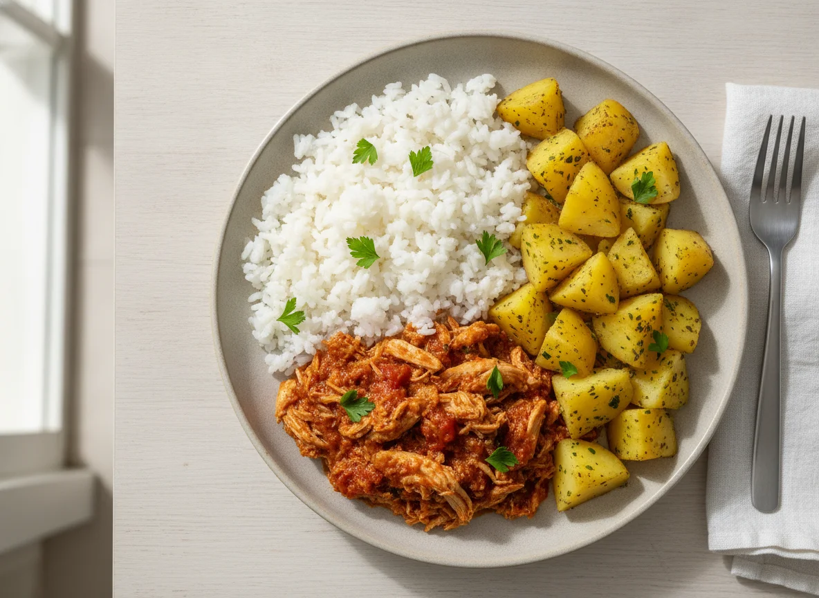 Frango desfiado com arroz e batatas photo
