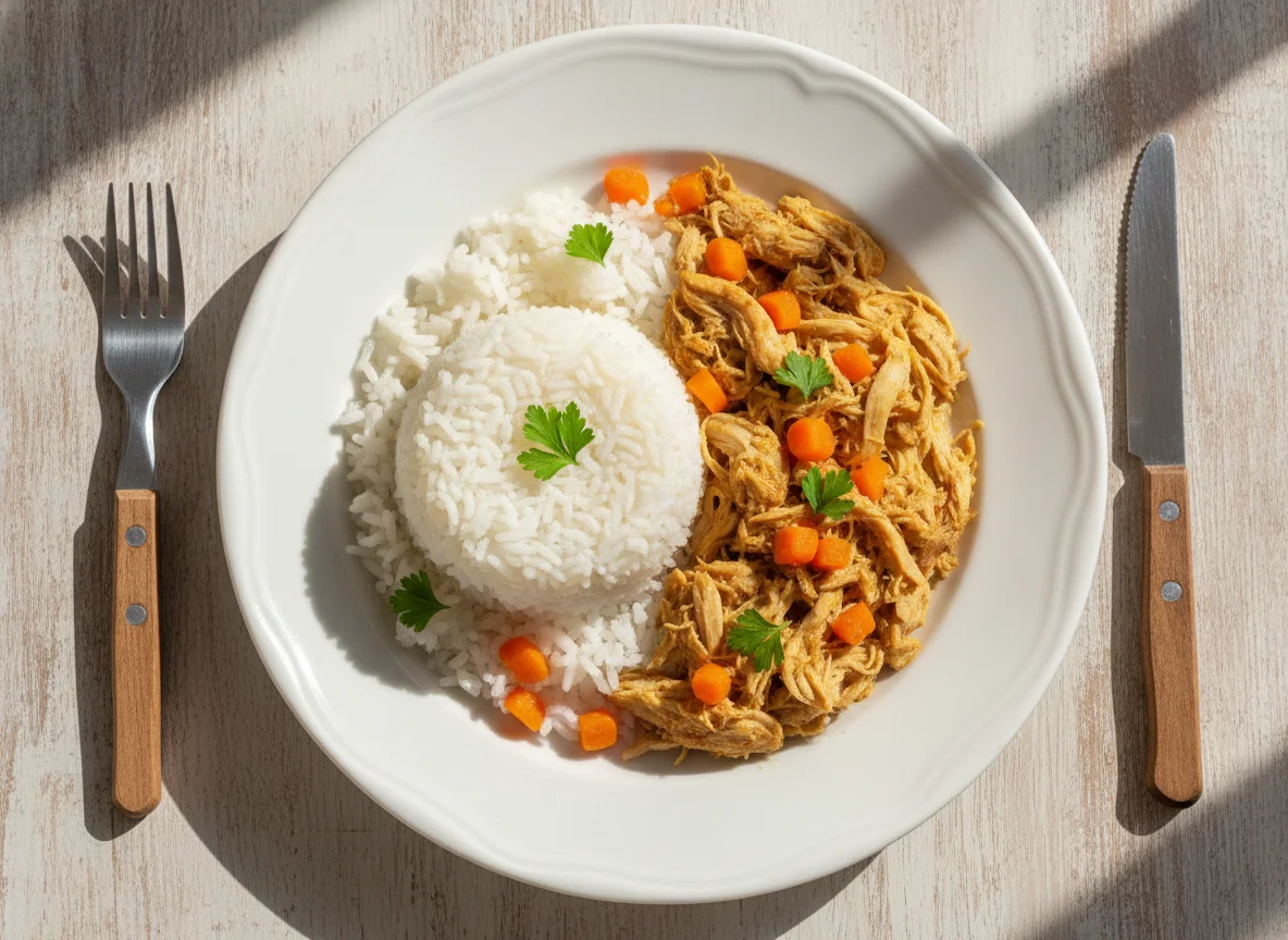 Frango desfiado com arroz e cenoura photo