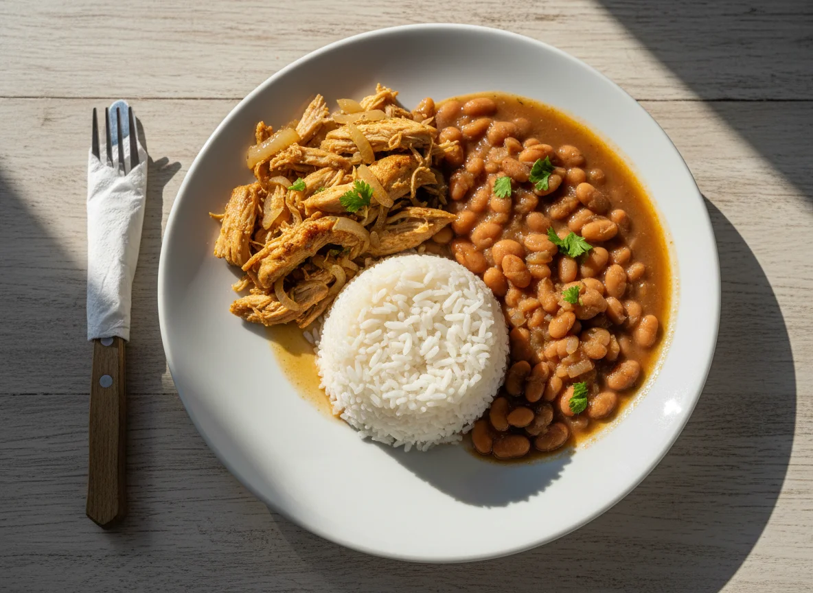 Frango desfiado com arroz e feijão photo