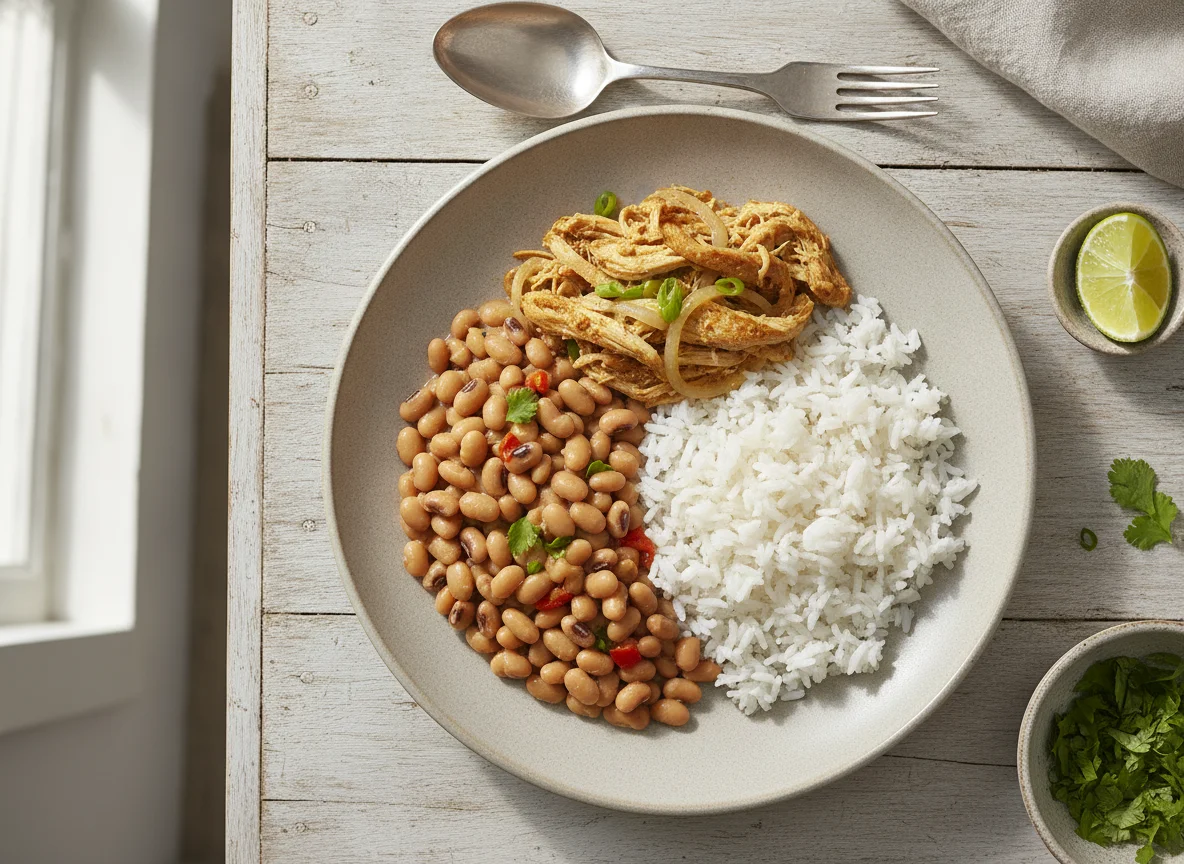 Frango desfiado com arroz e feijão fradinho photo
