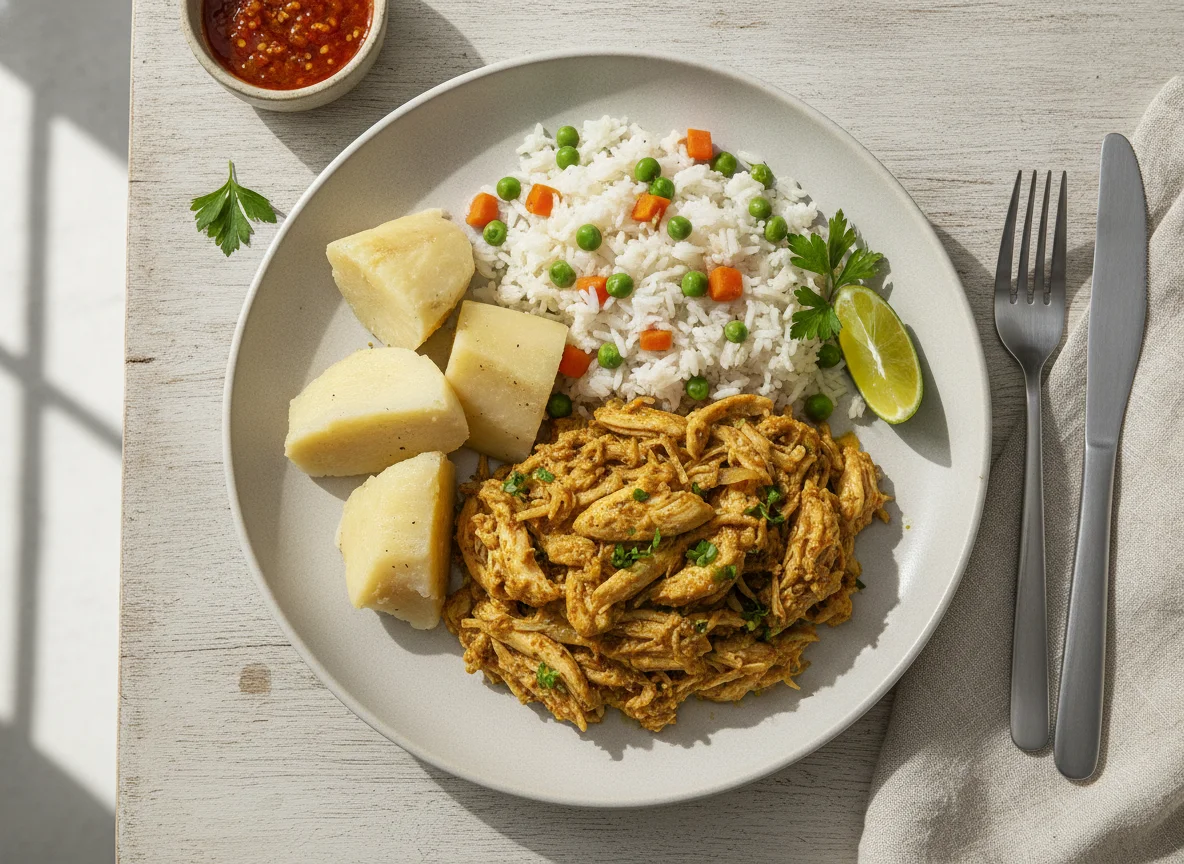 Frango desfiado com arroz e inhame photo