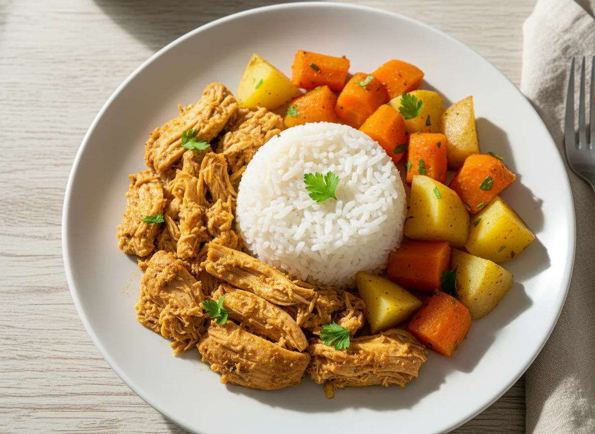 Frango desfiado com arroz e legumes photo