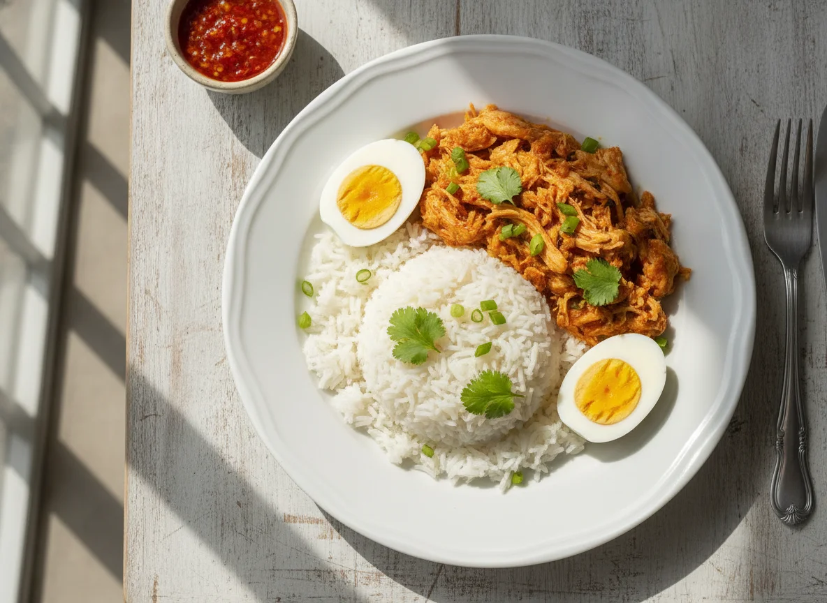 Frango desfiado com arroz e ovos cozidos photo