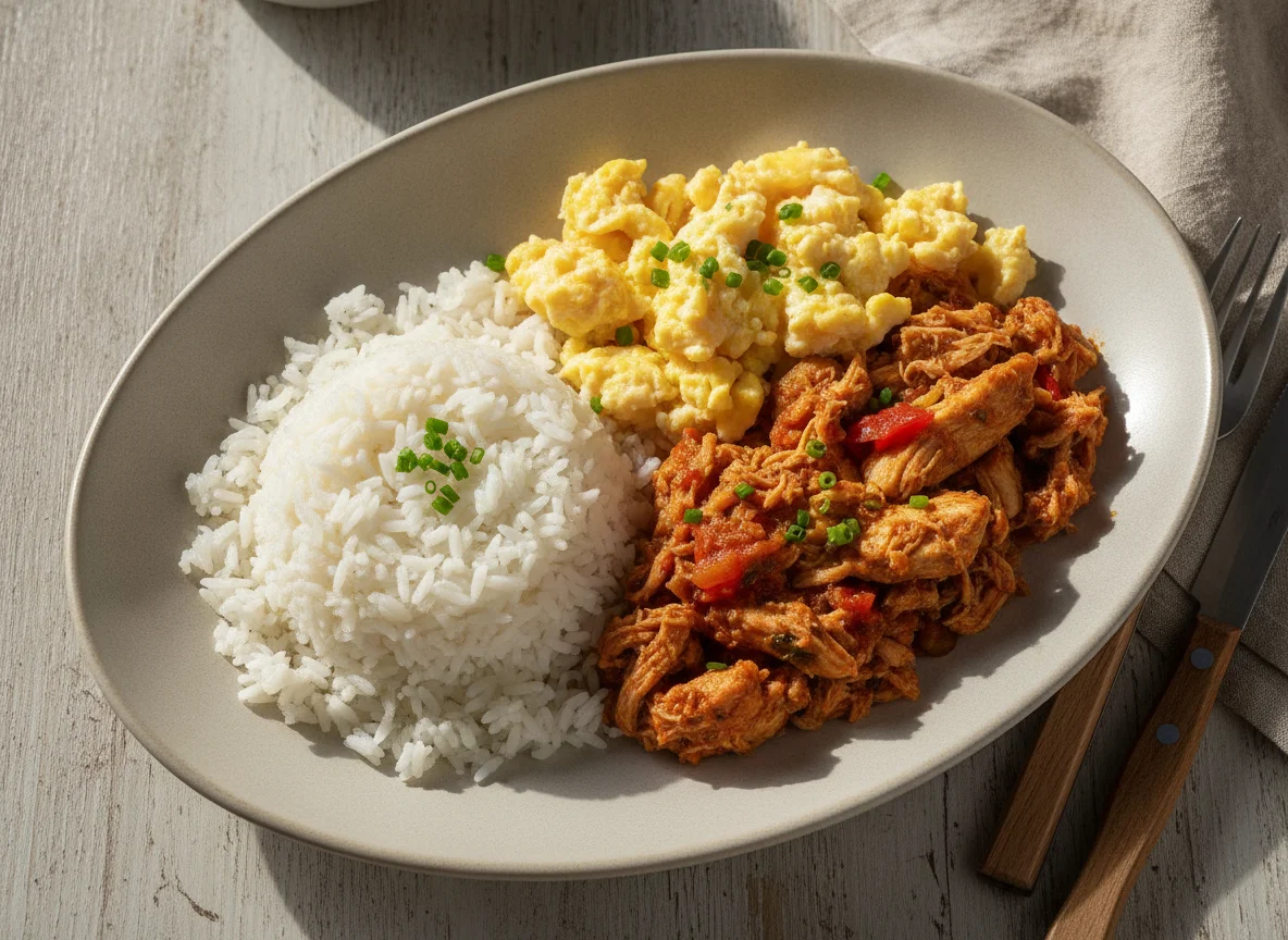 Frango desfiado com arroz e ovos mexidos photo
