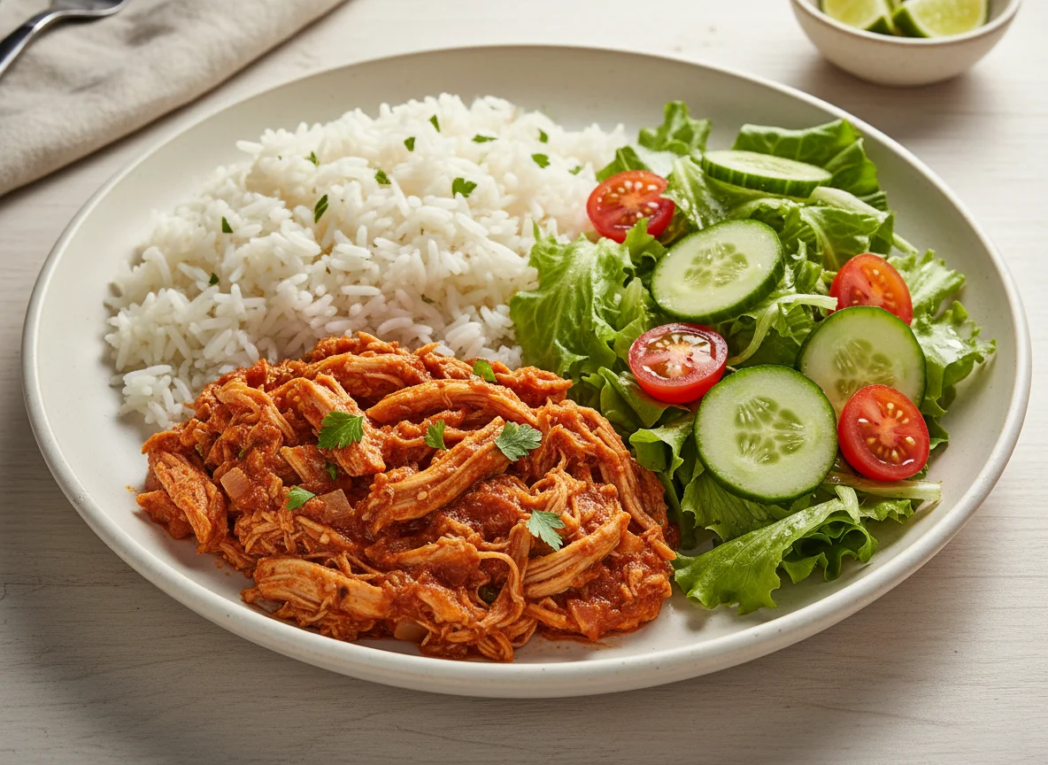 Frango desfiado com arroz e salada photo