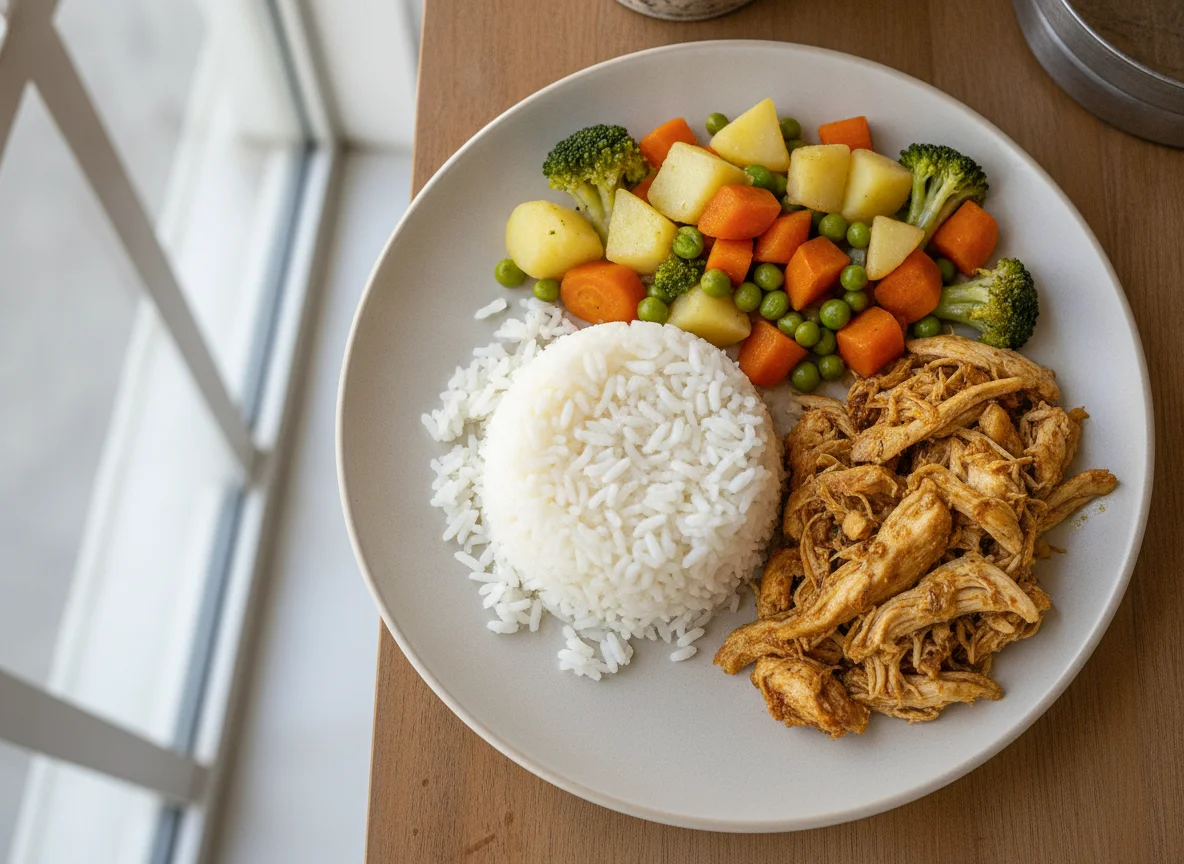 Frango desfiado com arroz e seleta de legumes photo