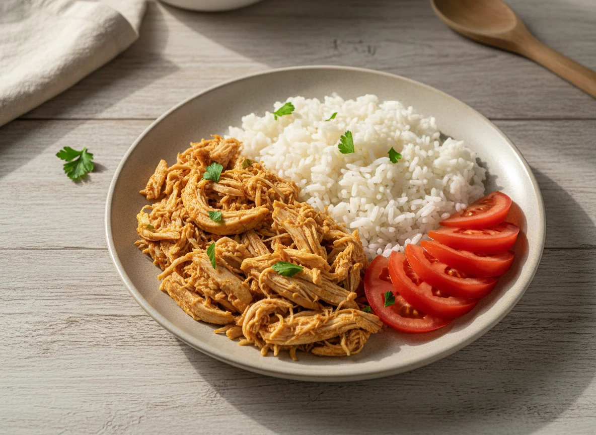 Frango desfiado com arroz e tomate photo