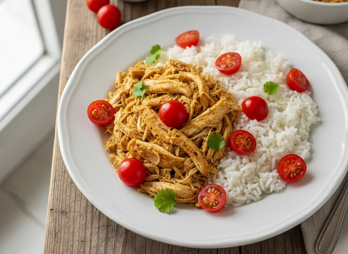 Frango desfiado com arroz e tomate cereja photo