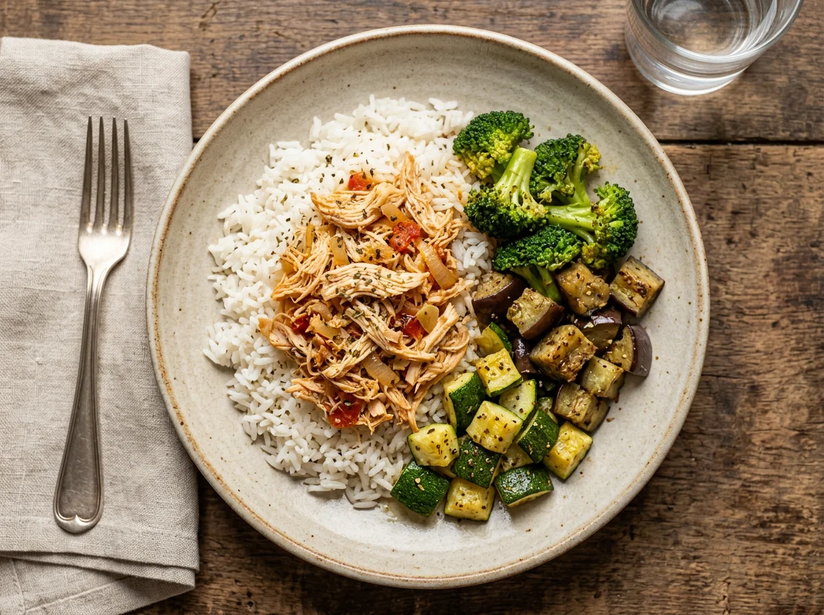 Frango desfiado com arroz e vegetais photo