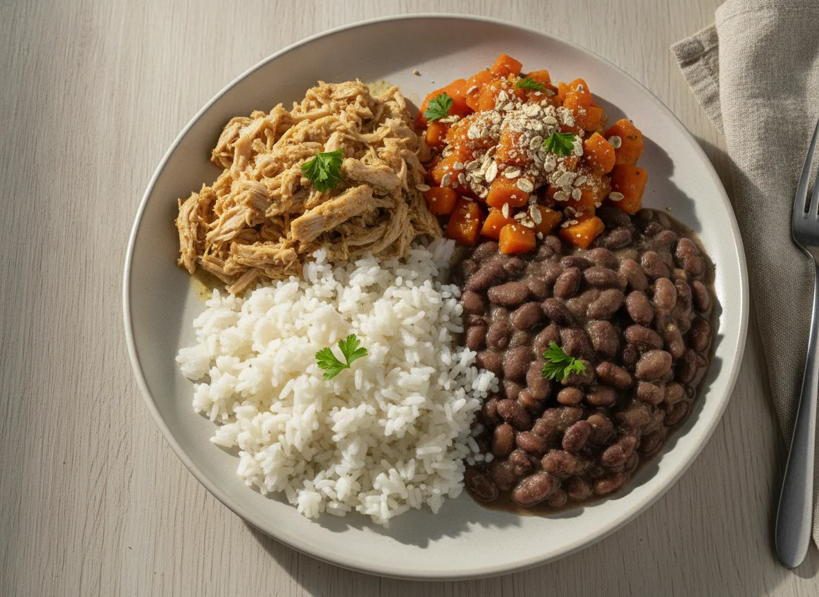 Frango desfiado com arroz, feijão, cenoura e aveia photo