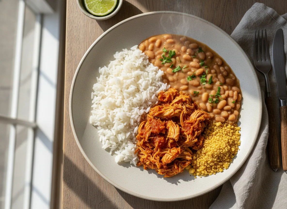 Frango desfiado com arroz, feijão e farofa photo
