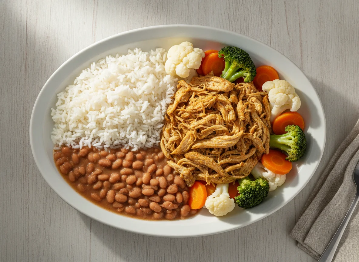 Frango desfiado com arroz, feijão e legumes photo