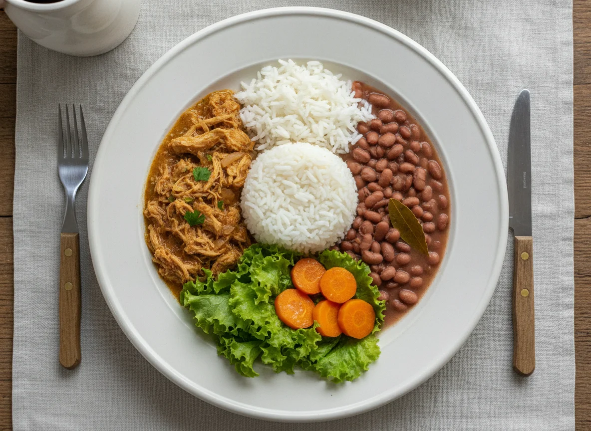 Frango desfiado com arroz, feijão e salada photo