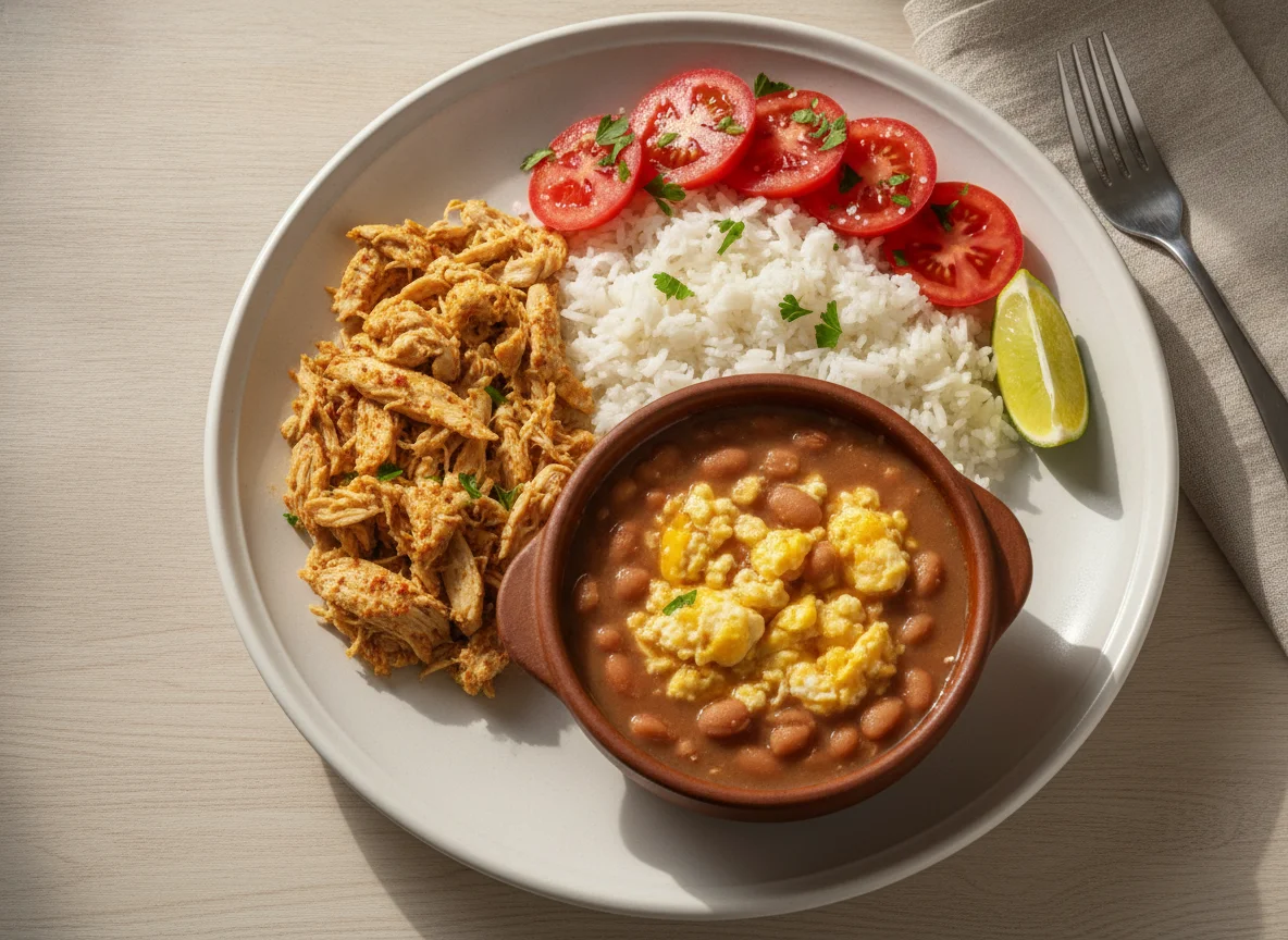 Frango desfiado com arroz, feijão e tomate photo
