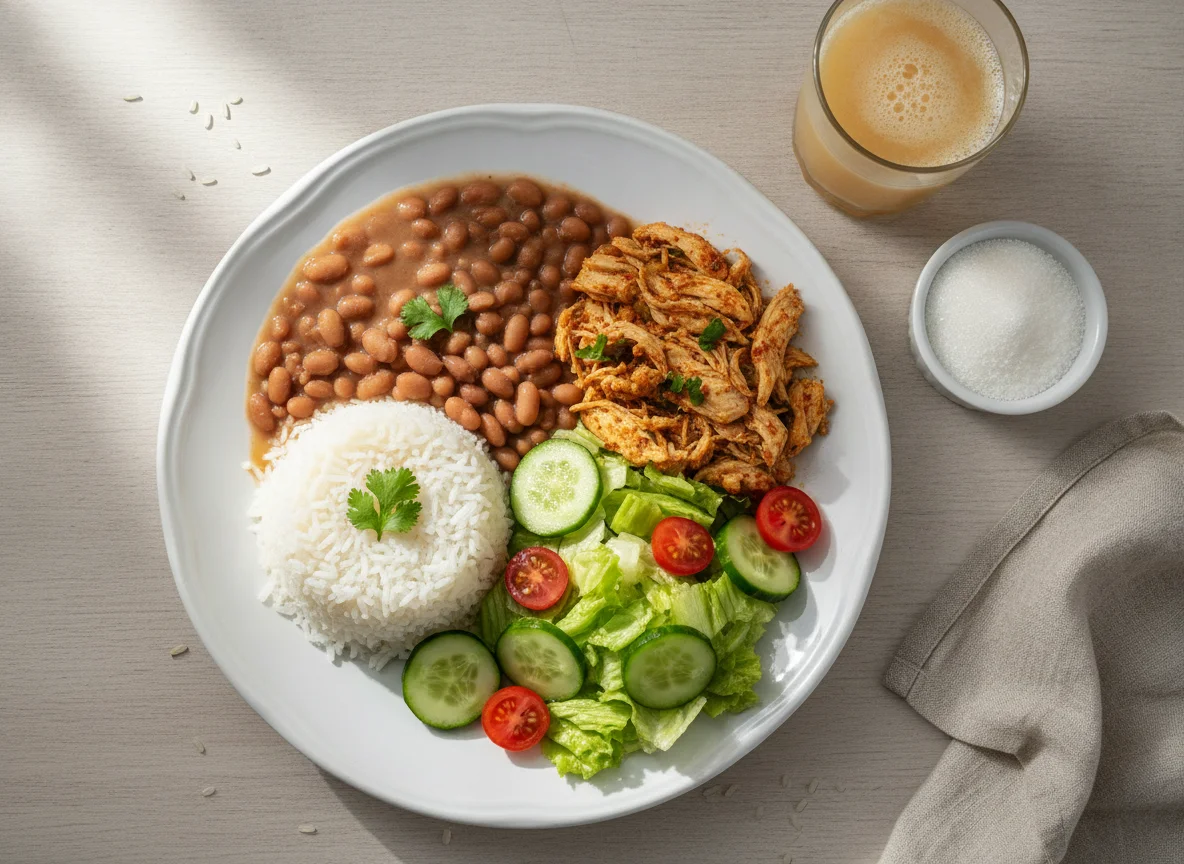 Frango desfiado com arroz, feijão, salada e suco de caju photo