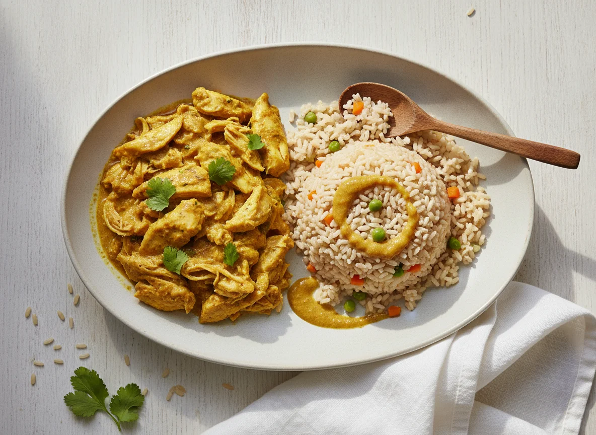 Frango desfiado com arroz integral photo