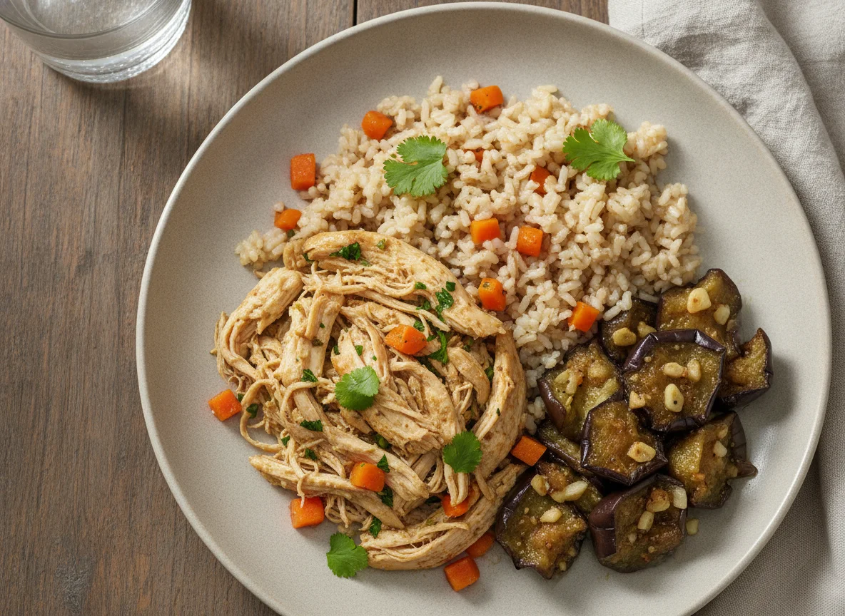 Frango desfiado com arroz integral e cenoura photo