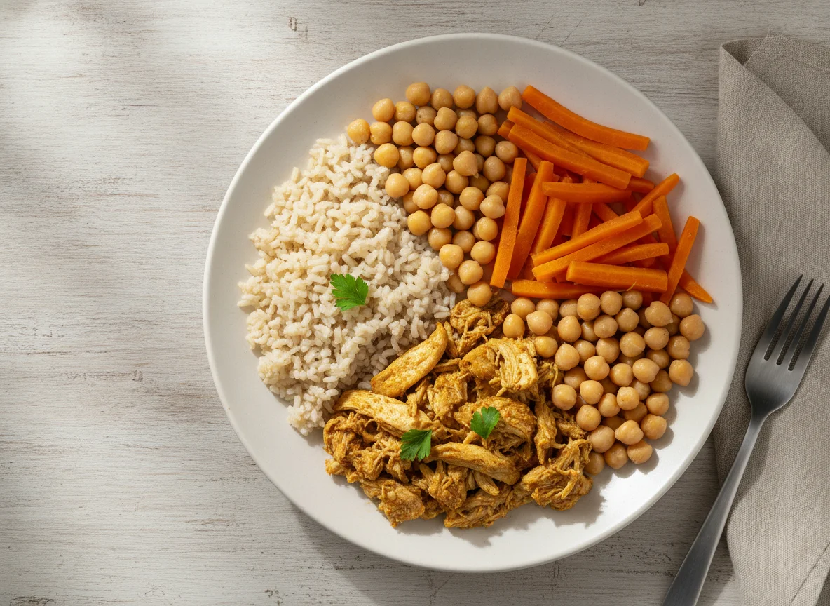 Frango desfiado com arroz integral, grão-de-bico e cenoura photo