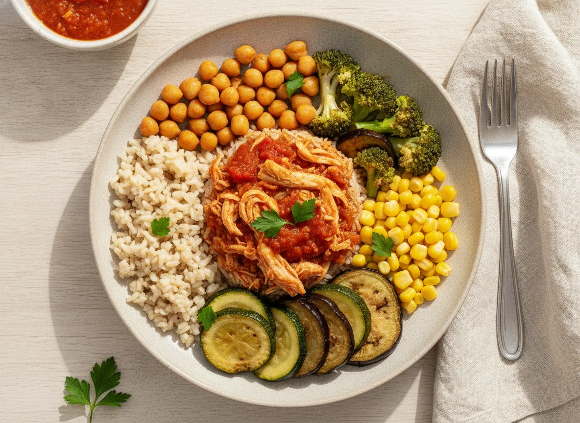 Frango desfiado com arroz integral, grão-de-bico e vegetais photo