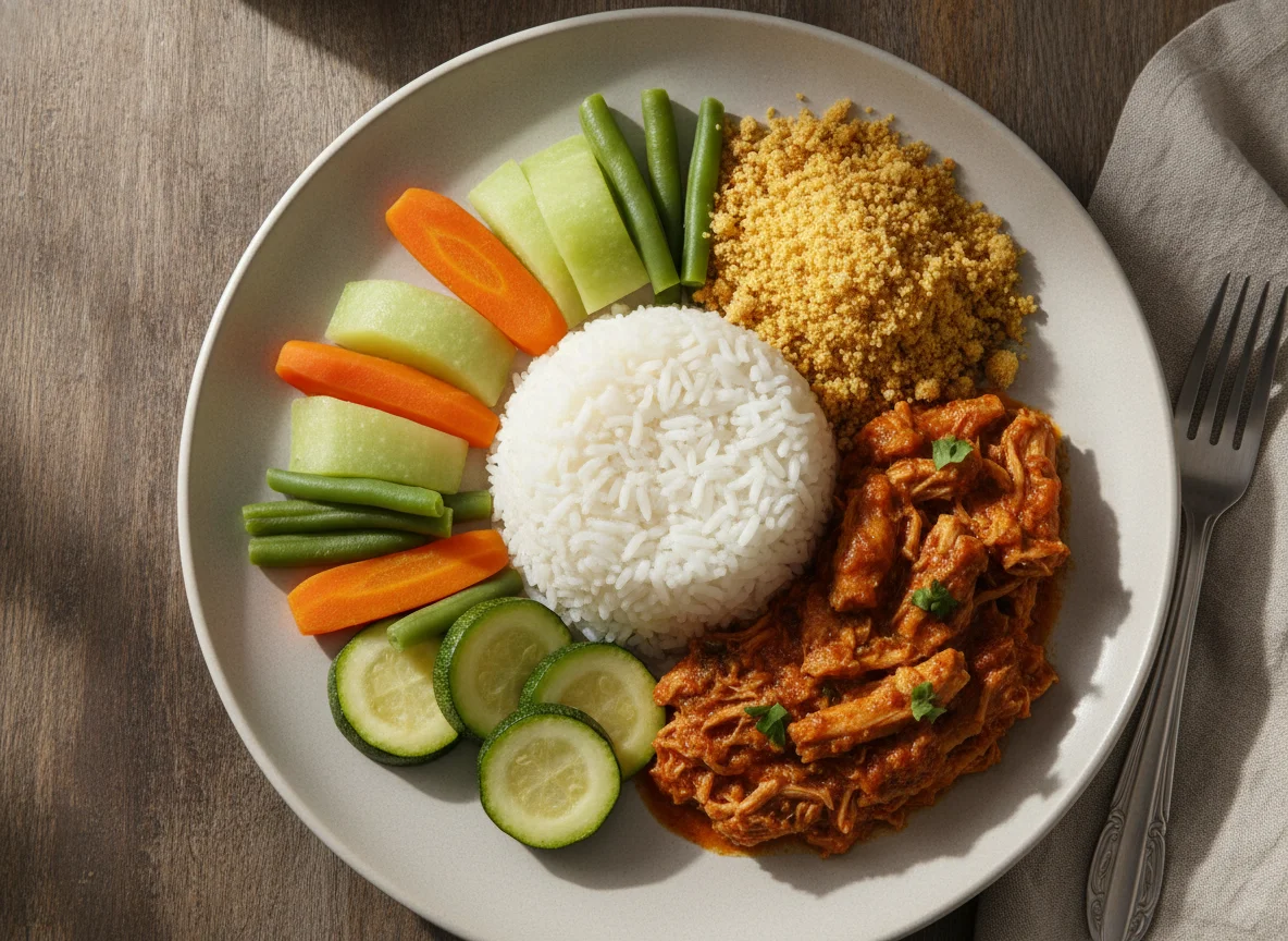 Frango desfiado com arroz, legumes e farofa photo