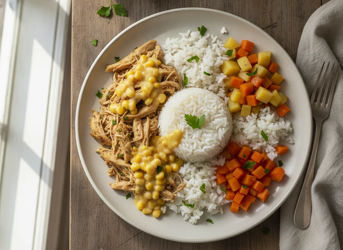 Frango desfiado com arroz, legumes e molho photo