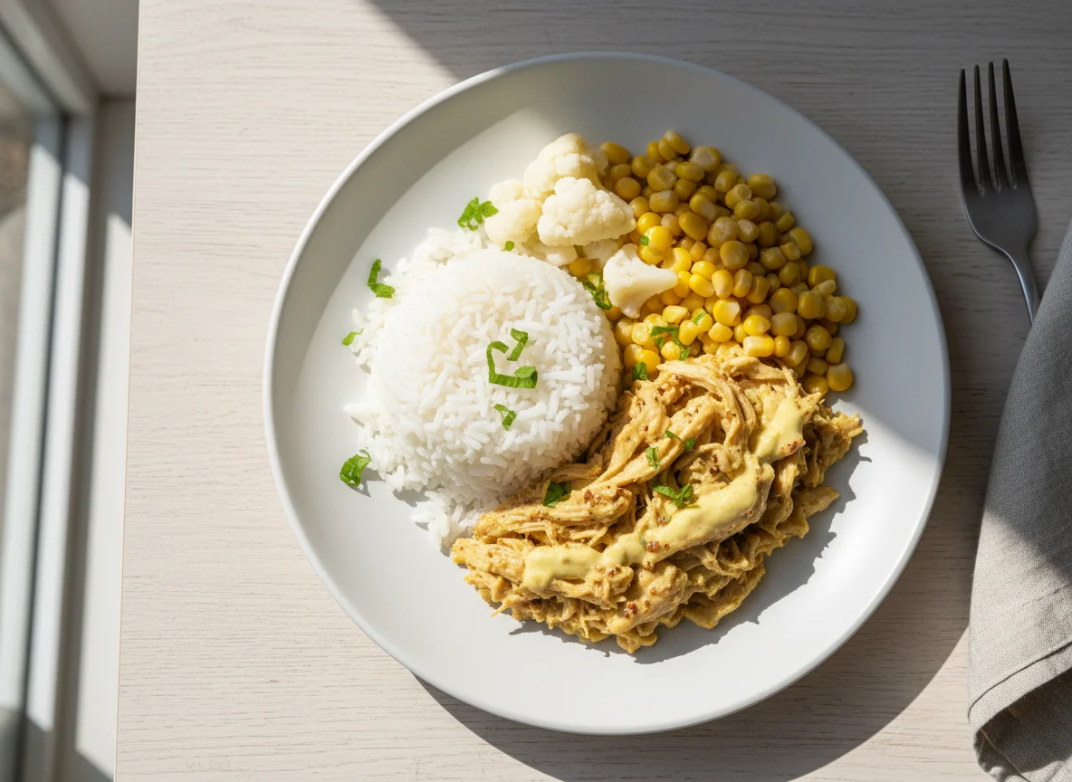 Frango desfiado com arroz, milho e couve-flor photo