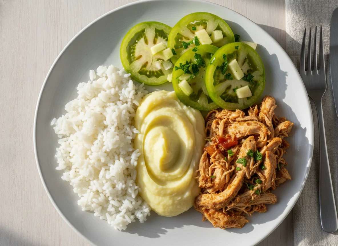Frango desfiado com arroz, purê de batata e salada photo