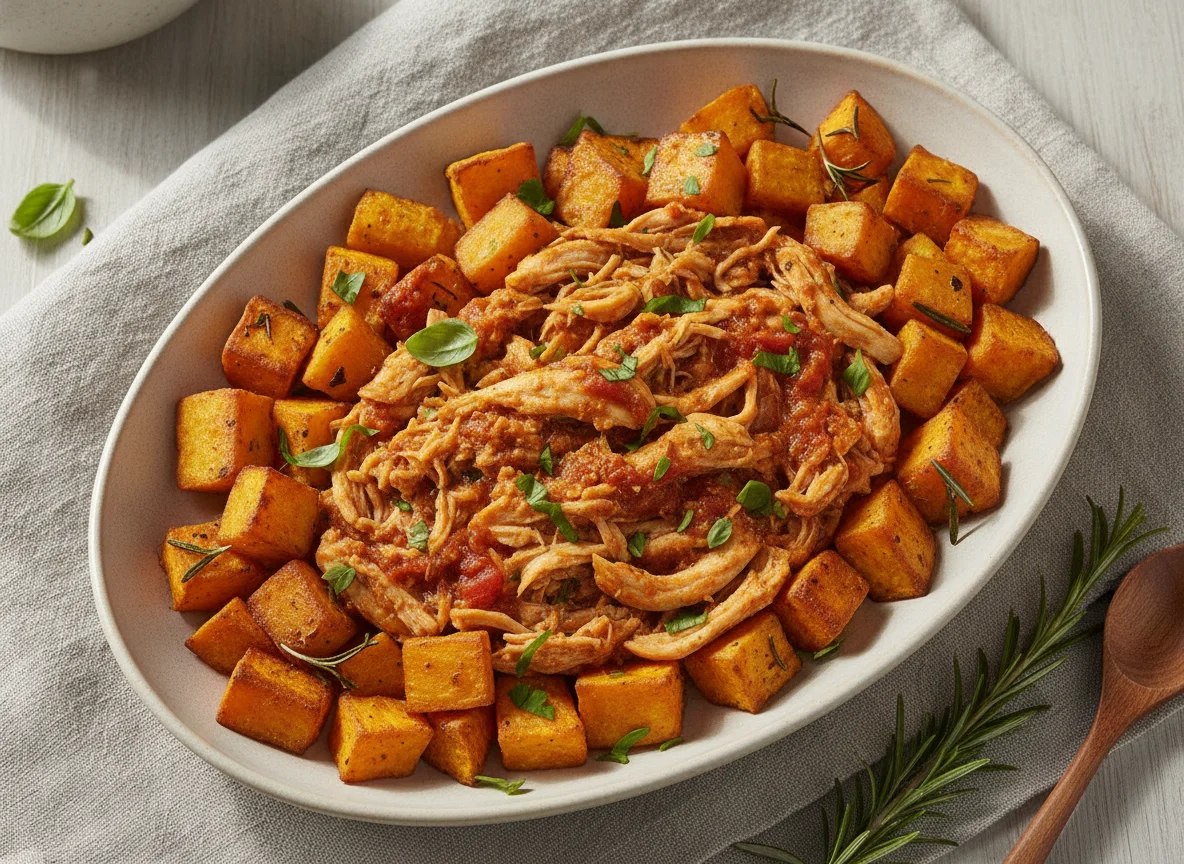 Frango desfiado com batata doce assada photo