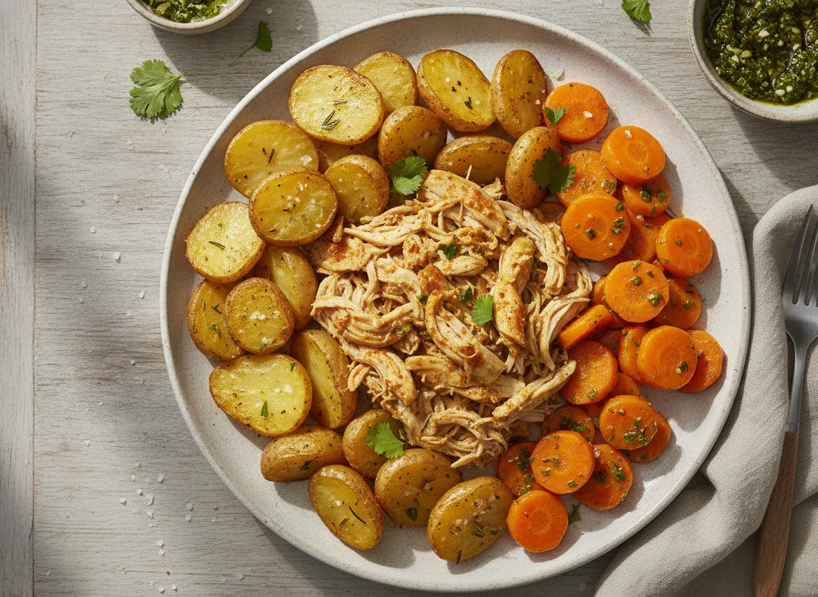 Frango desfiado com batatas assadas e cenouras photo