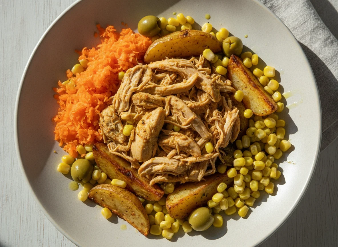 Frango desfiado com batatas assadas e legumes photo