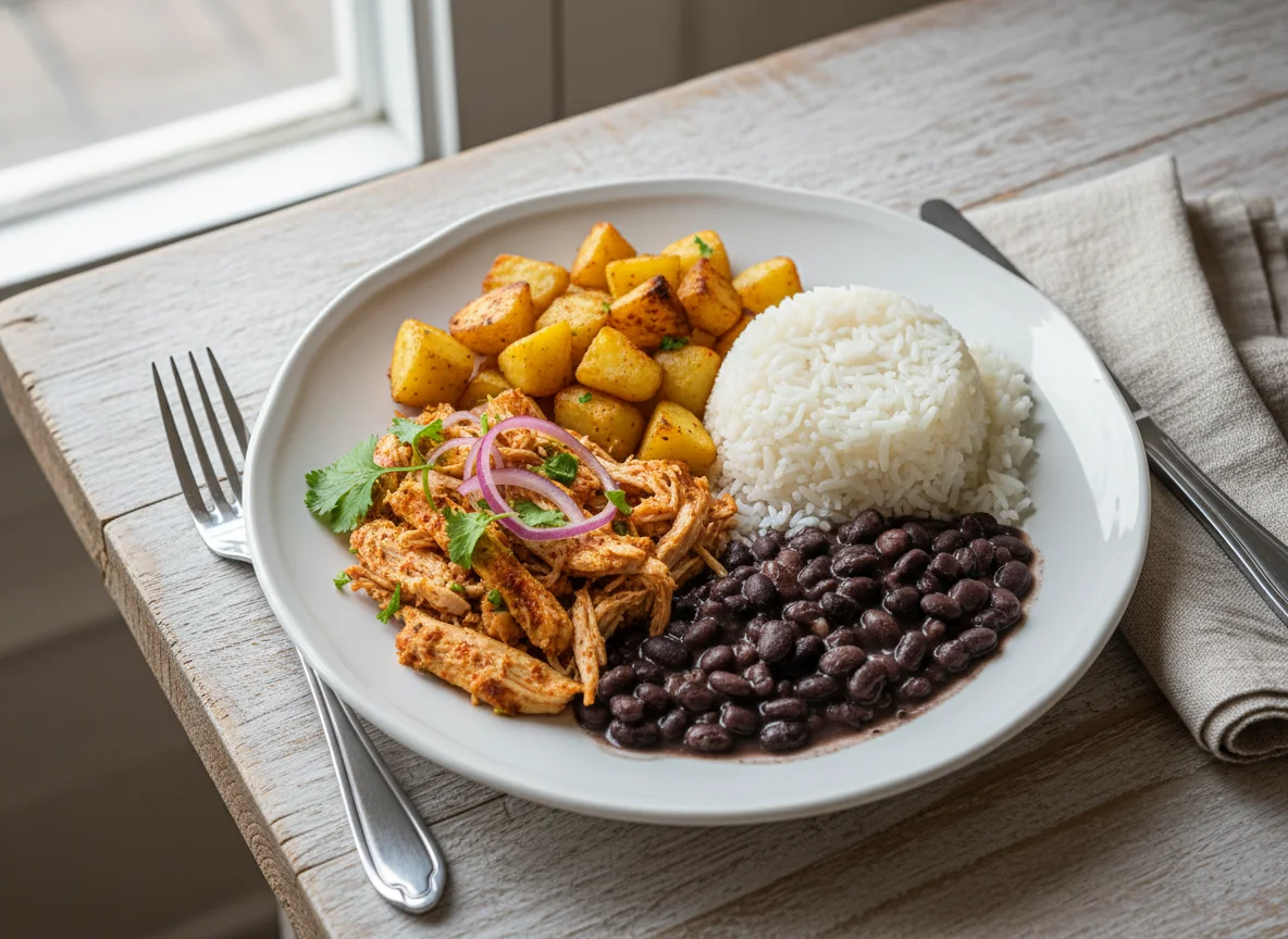 Frango desfiado com batatas e feijão com arroz photo