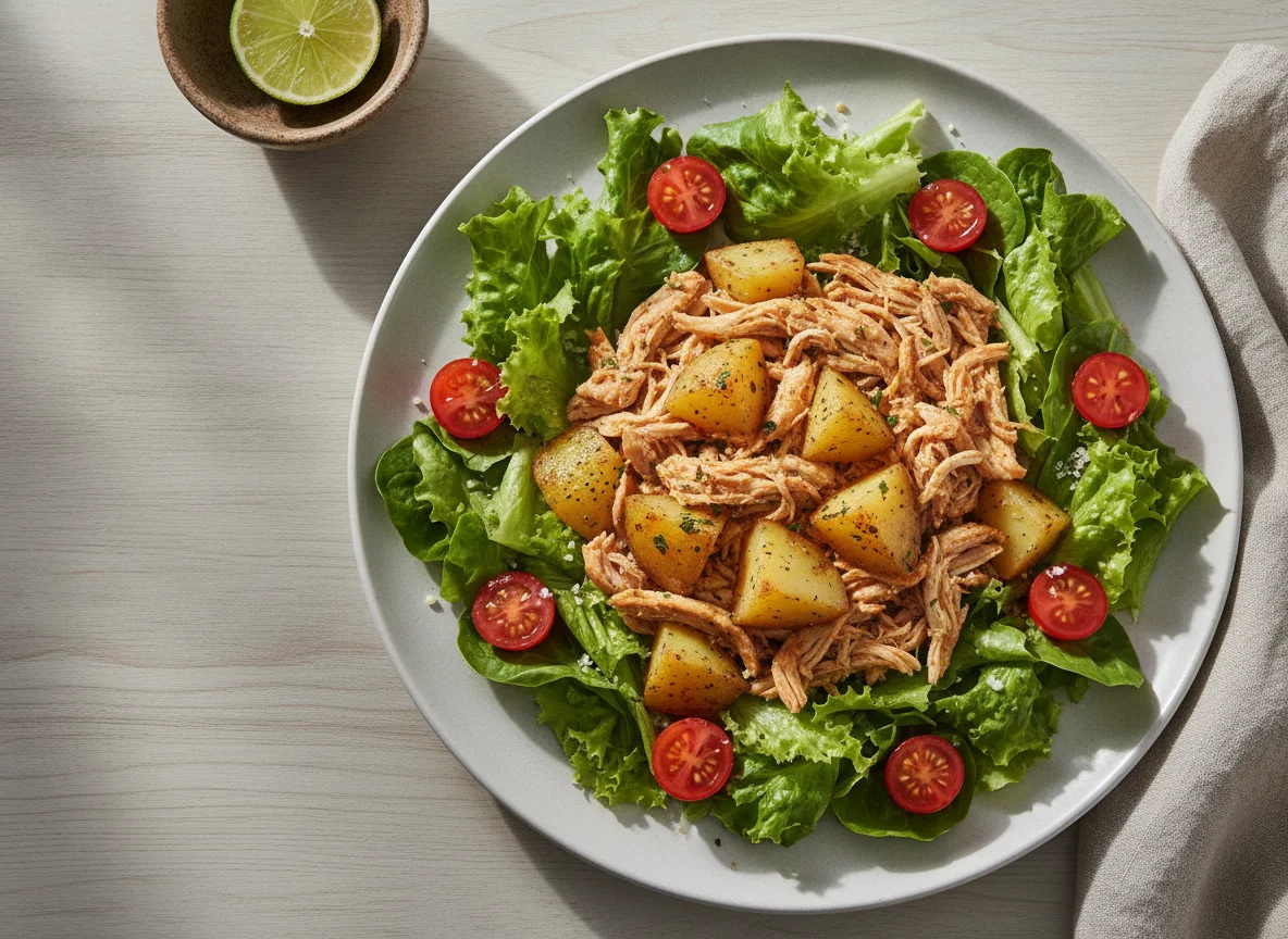 Frango desfiado com batatas e salada photo