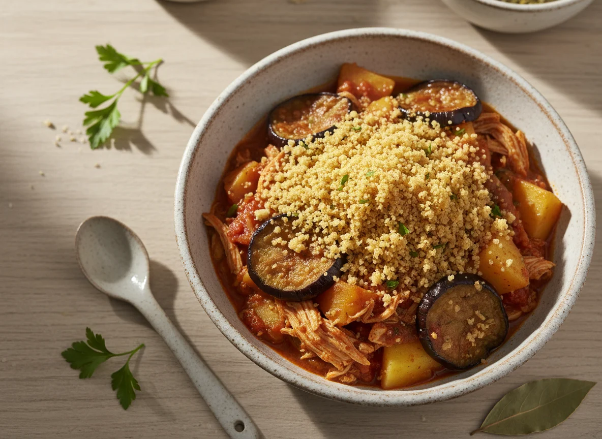 Frango desfiado com berinjela, batata e farofa photo