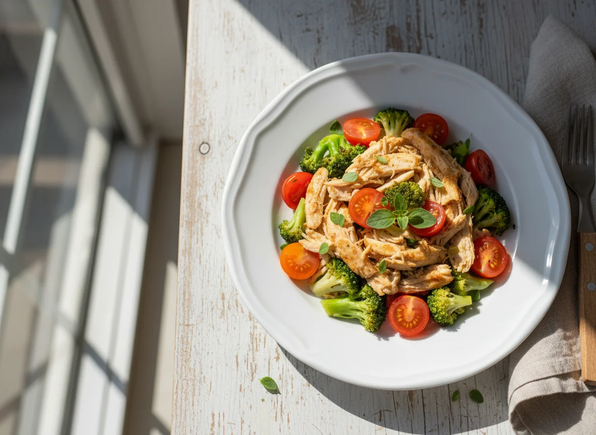 Frango desfiado com brócolis e tomate cereja photo