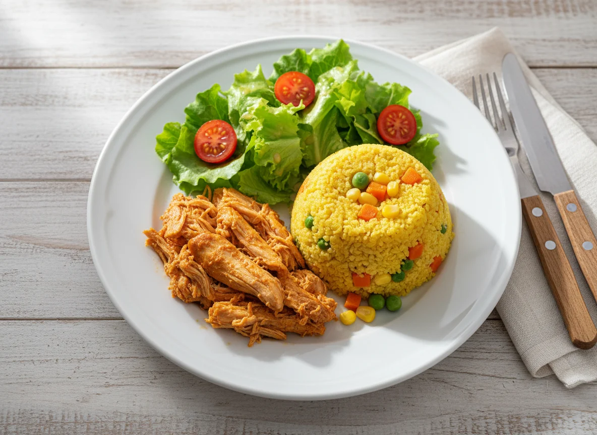 Frango desfiado com cuscuz e salada photo