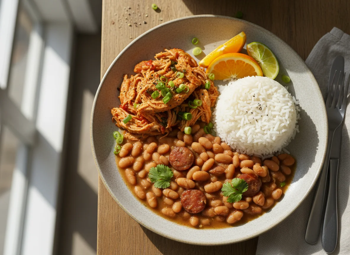 Frango desfiado com feijão e arroz photo