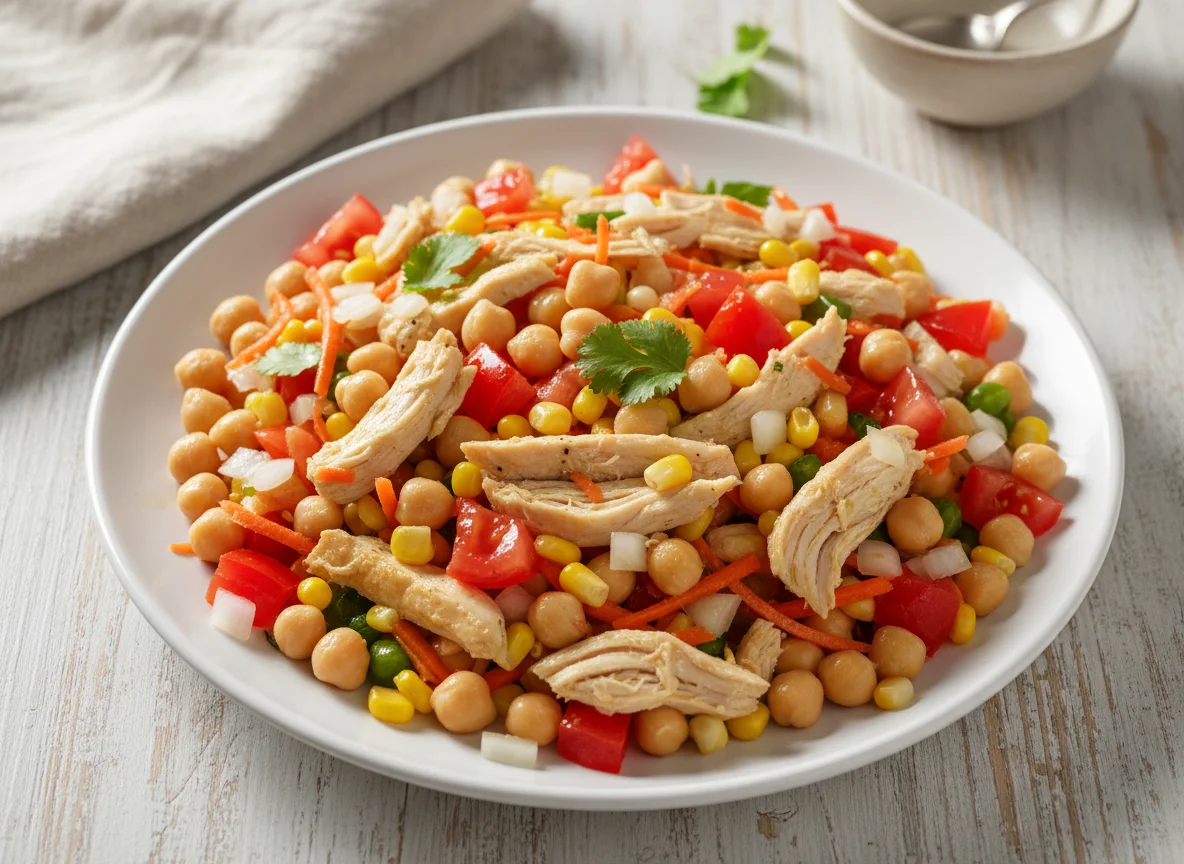 Frango desfiado com grão de bico e vegetais photo