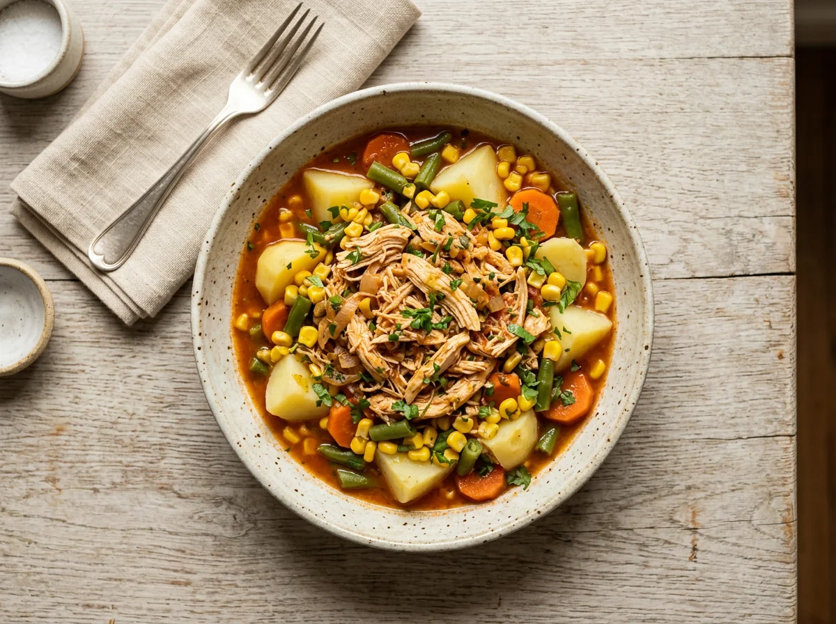 Frango desfiado com legumes cozidos photo