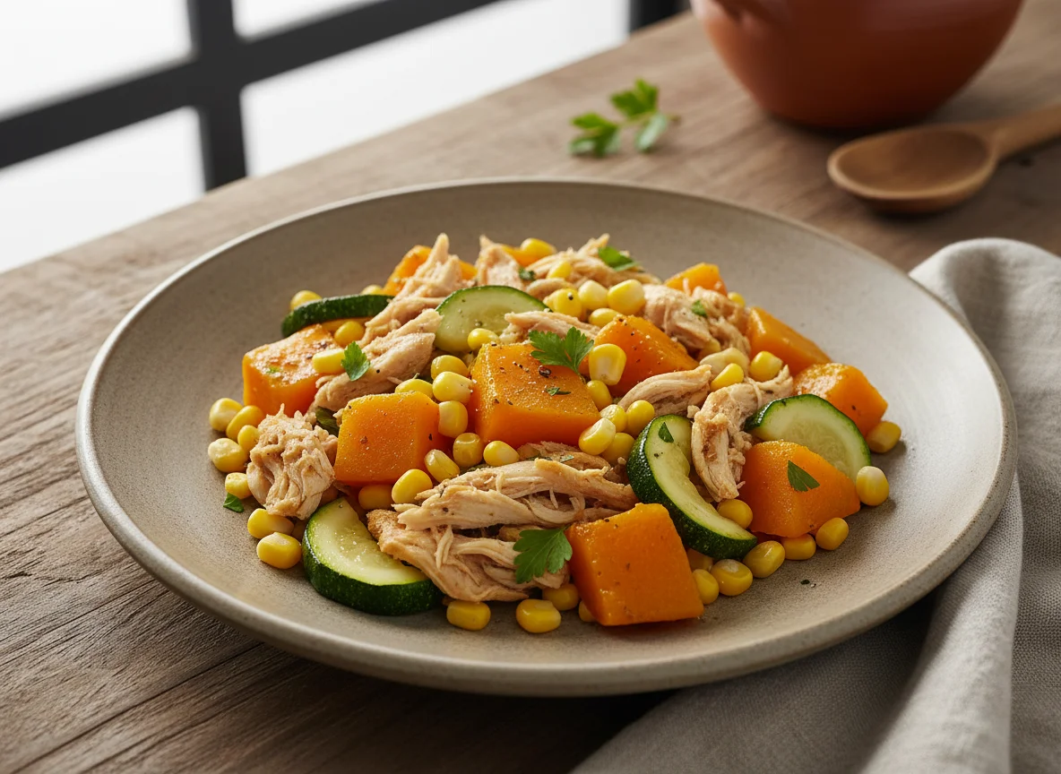Frango desfiado com legumes e abóbora photo