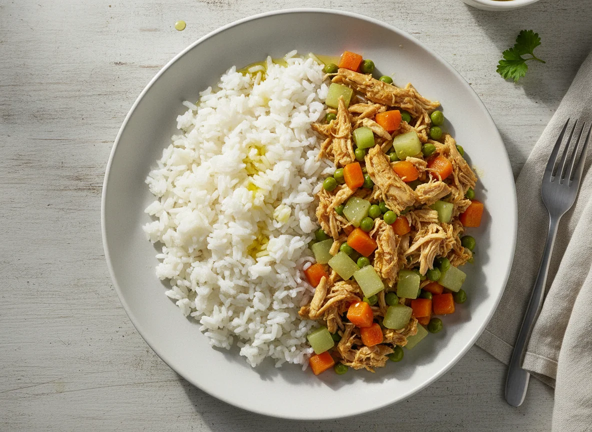 Frango desfiado com legumes e arroz branco photo