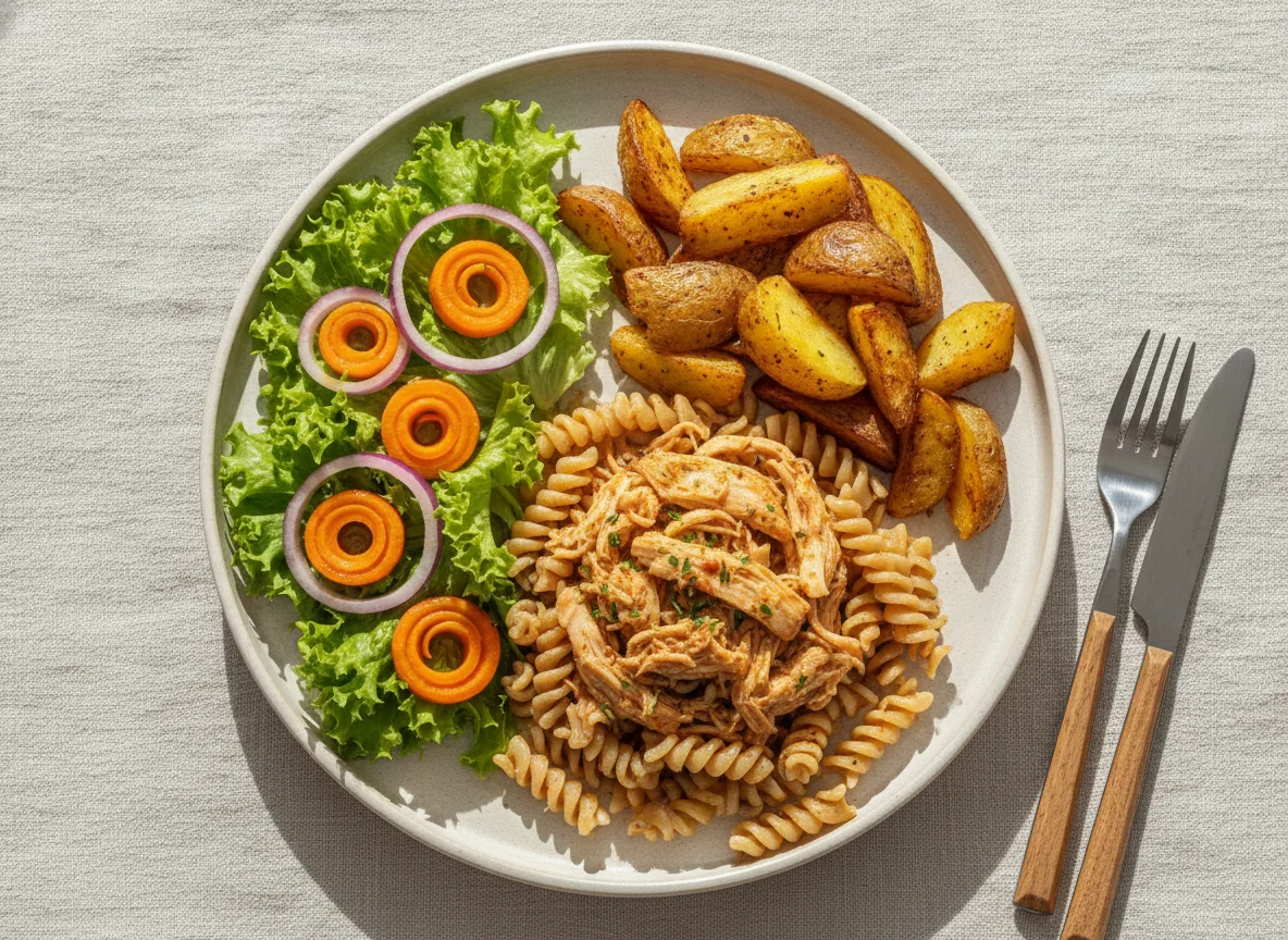 Frango desfiado com macarrão, batatas rústicas e salada photo
