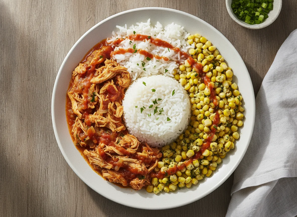 Frango desfiado com milho e arroz branco photo