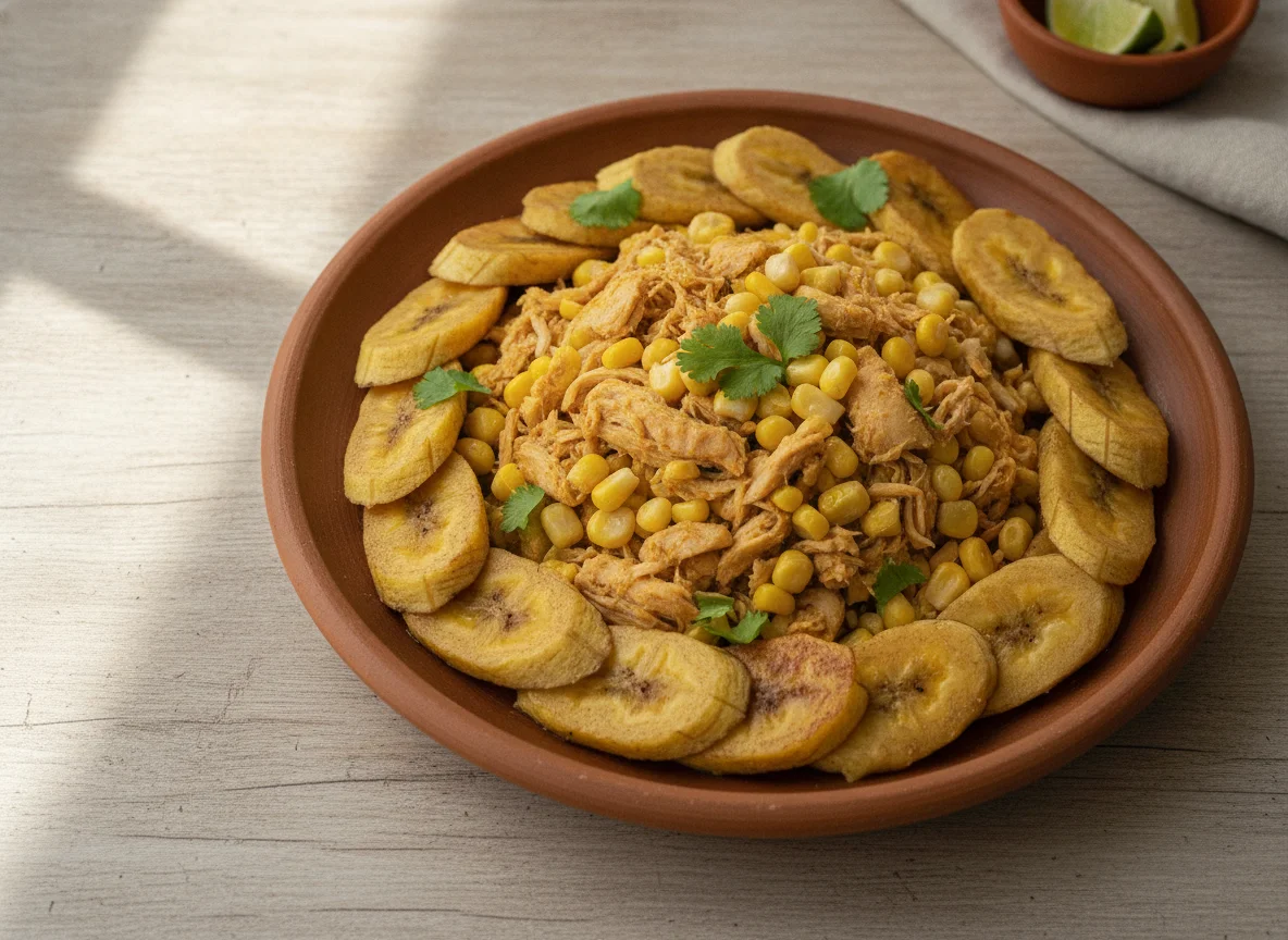 Frango desfiado com milho e banana da terra cozida photo