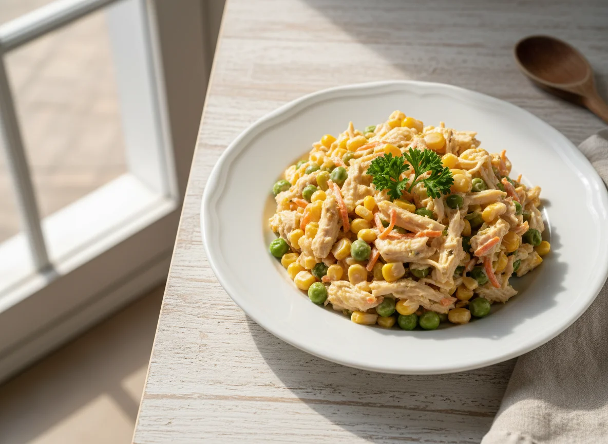 Frango desfiado com milho e ervilha photo